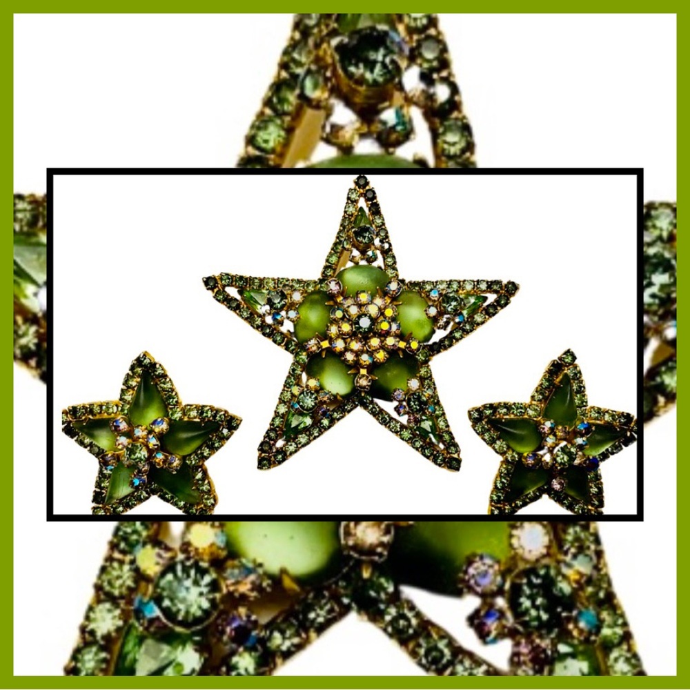 Vintage WEISS NY Shades of Greens Golds STAR Brooch and Clip-on Earrings Set
